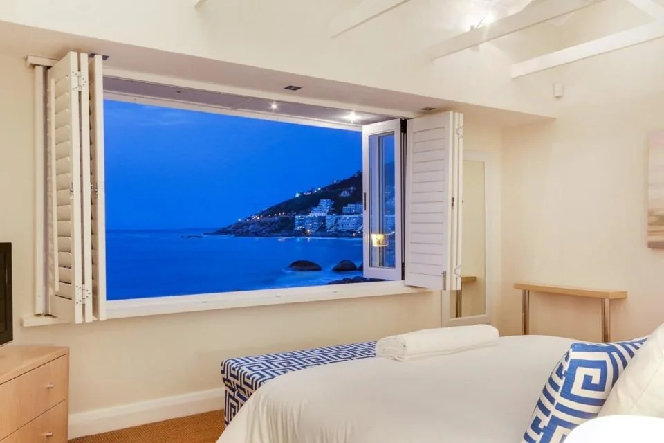 Sea-facing bedroom at dusk